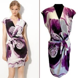 Robert Rodriguez purple ivory Clematis floral Print Silk cap sleeve wrap Dress 8